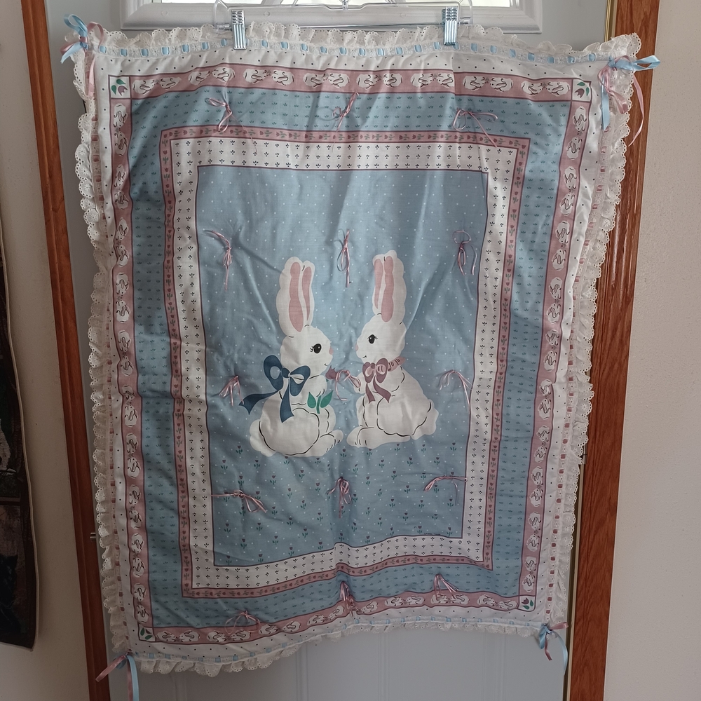 Vintage Bunny Print Blue & Pink Baby Throw Blanket